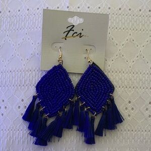 Blue Beaded Tassel Earrings